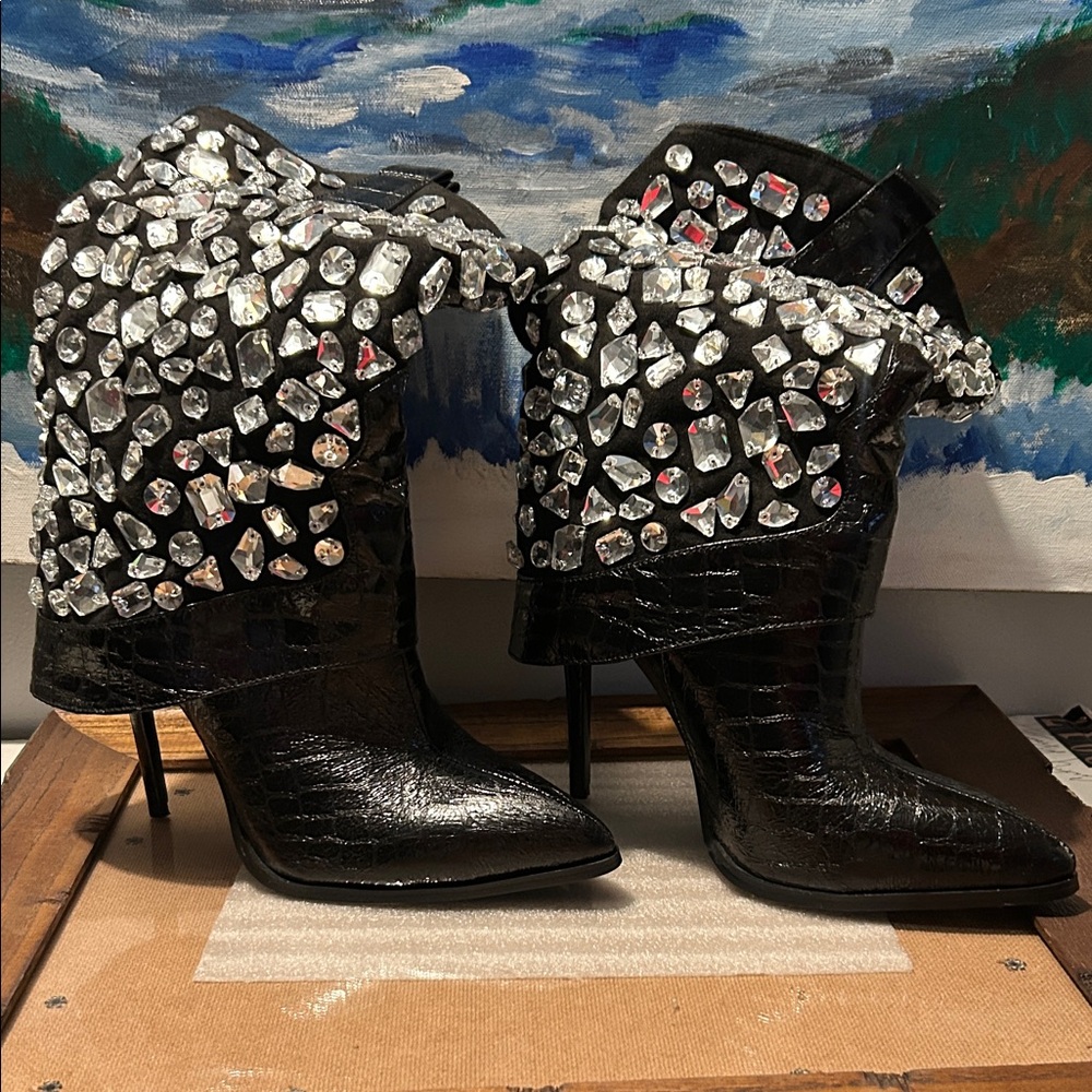 NWT Elegant Black Crystal Women's Heeled Boots